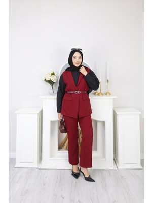 Moda Paketi Kadın Kemerli Yelek Pantolon Takım – Tesettür Şık Ikili Takım Ofis Kombini-Astarlı