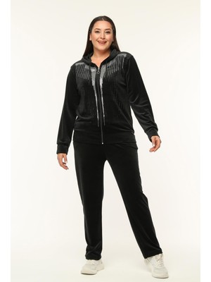 Şans Kadın Büyük Beden Siyah, Taş Işli Kapüşonlu Kadife Eşofman Takım 65N39256