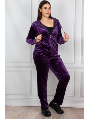 Şans Kadın Büyük Beden Mor, Inci Kadife, Üst Fermuar Kapama Cepli, Alt Bel Lastikli Cepli Takım 65N39330