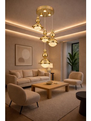 Bohem Aydınlatma Gold 3+1 Şapkalı Sarkıt 3 Renk LED Modern Avize Ayarlanabilir Başlıklar