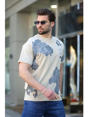Madmext Bej %100 Pamuklu Desenli Erkek Tişört E7142