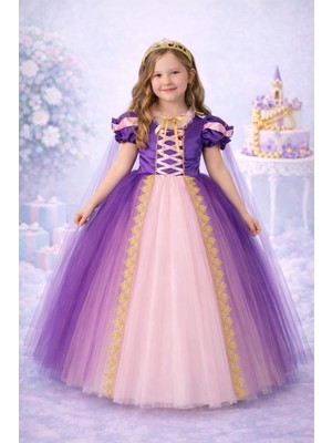 Kız Çocuk Elbise Taçlı Pelerinli Tarlatanlı Kostüm Kız Çocuk Prenses Kostümü Rapunzel Temalı Kostüm