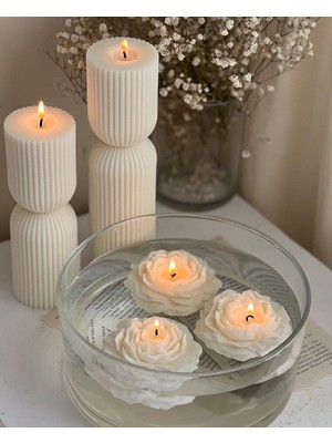 Lumieri Home Lumieri Candle El Yapımı Kokusuz Şakayık Gül-Çokgen Yuvarlak Dekoratif Mum Kırık Beyaz 5'li