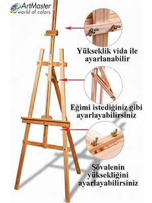 ArtMaster Ahşap Şövale 175 cm 1 Adet Ahşap Çam Resim Şovelesi Ressam Sehpası Ayarlanabilir Tuval Resim Şövalyesi
