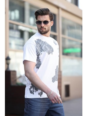 Madmext Beyaz %100 Pamuklu Desenli Erkek Tişört E7142