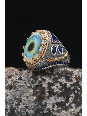 Prestige 925 Ayar Gümüş Erkek Yüzüğü Sedef Taşlı Göz Motifili 902526