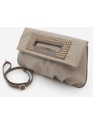 Marjin Kadın Zımbalı Clutch Portföy Çapraz Askılı El ve Omuz Çantası Panes Vizon