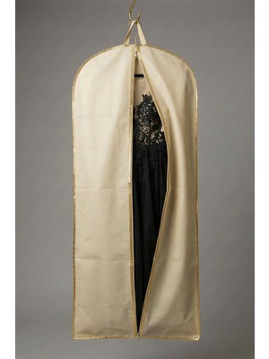 Krem Renk Gold Şeritli Abiye Elbise Kılıfı 3’lü Set – 160X60 Cm, Kalın Diş Fermuarlı