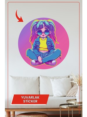 KOSS Dijital Renkli Gözlüklü Kız Tasarımlı Yuvarlak Sticker Neon Tarz Duvar Dekoru Ev Ofis Aksesuarı