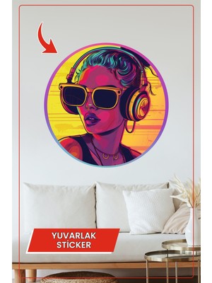 KOSS Dijital Neon Tarz Kadın Portre Yuvarlak Sticker Renkli Modern Tasarım Dekoratif Duvar Süsü Ev Ofis Kullanımı