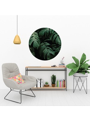 KOSS Dijital Modern Tropikal Yapraklar Yuvarlak Sticker, Yuvarlak Duvar Stickerı, Botanik Yaprak Desenli Dekor