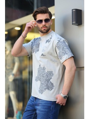 Madmext Boyalı Gri %100 Pamuklu Desenli Erkek Tişört E7142