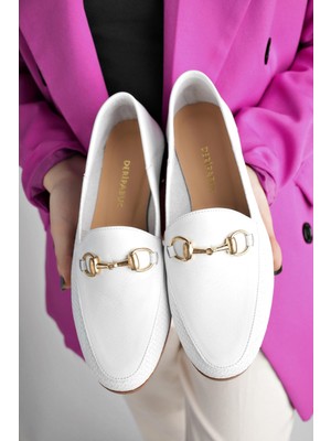 Tarçın Ayakkabı Hakiki Deri Baskı 2 Beyaz Kadın Deri Babet TRC100-f03