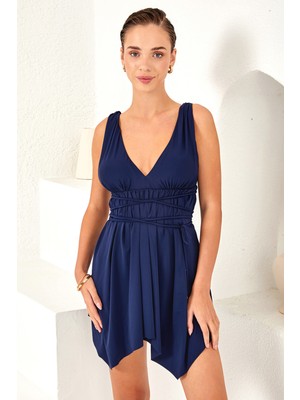 Lapieno V Yaka Belden Bağlamalı Elbise Mayo Etekli Mayo Yüzücü Mayo 3580 Koyu Lacivert