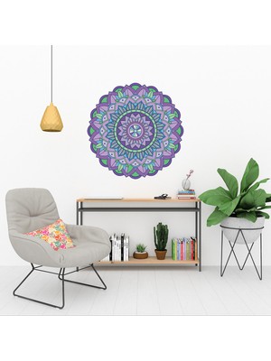 KOSS Dijital Mandala Koleksiyonu Mor Çiçek Deseni Yuvarlak Sticker, Yuvarlak Duvar Stickerı, Çiçekli Duvar Dekoru