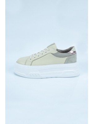 Aktaş Ayakkabı Kadın Bej Hakiki Deri Ortopedik Yüksek Tabanlı Spor Ayakkabı