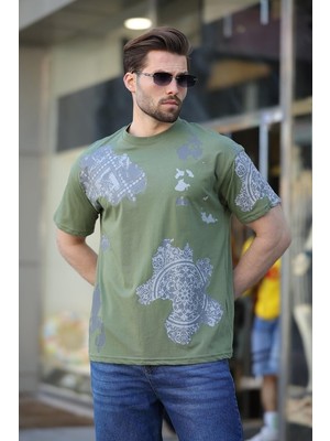 Madmext Haki %100 Pamuklu Desenli Erkek Tişört E7142