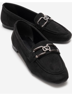 Ccway Kadın V Taşlı Tokalı Loafer Ayakkabı Siyah Süet
