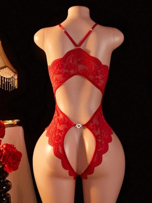 Albonishop Kırmızı Kasık Açık ve Sırtı Açık Babydoll Seksi Fantezi Gecelik