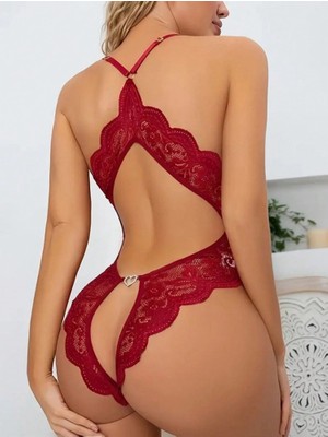 Albonishop Bordo Kasık Açık ve Sırtı Açık Babydoll Seksi Fantezi Gecelik