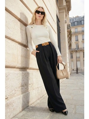 Lela Wide Leg Yüksek Bel Bol Paça Kemer Detaylı Pantolon Bayan Pantolon 6923855