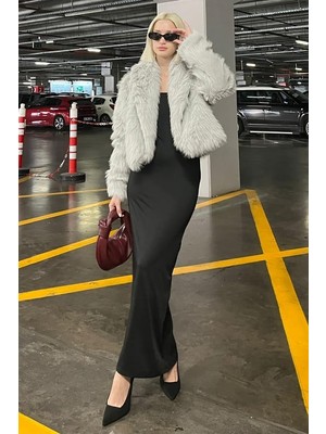 Gri Kruvaze Yaka Yumuşak Doku Astarlı Kadın Kürk MG2175