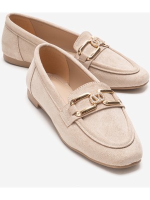 Ccway Kadın V Taşlı Tokalı Loafer Ayakkabı Bej Süet