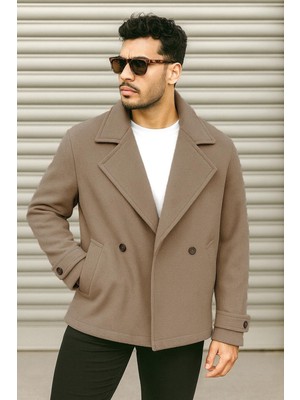 Delpino Erkek Oversize Kruvaze Kaban Viskoz Malzeme ile Uzun Kol ve Düz Desen Kamel Renk