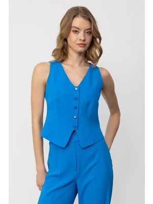 Ekol V Yaka Düğmeli Mavi Kadın Yelek 5038
