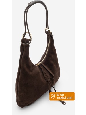 Marjin Kadın Hakiki Deri Fermuarlı Iç Cepli Omuz Çantası Ronagi Kahve Süet