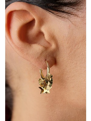 Fiyonk Kuyumculuk 14 Ayar Altın Işıltılı Kalp Yıldız Sallantılı Halka Küpe