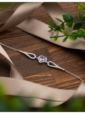 Roza Silver 925 Ayar Ametist Taşlı Rodyum Pırlanta Görünümlü Kalp Gümüş Bileklik