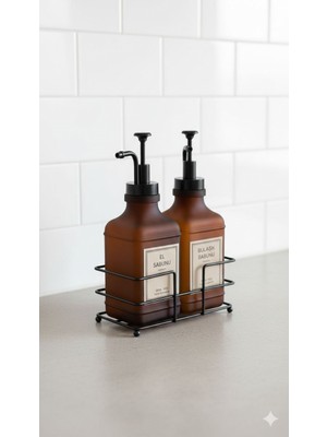 Morponi Metal Stantlı 2'li Soft Cam Sabunluk ve Deterjanlık 300 ml Amber