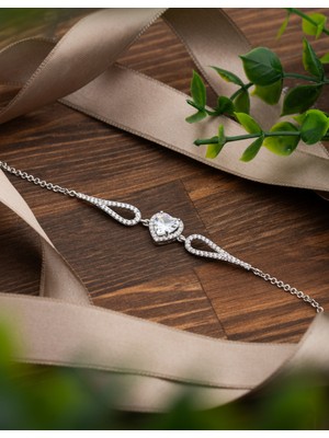 Roza Silver 925 Ayar Zirkon Taşlı Rodyum Pırlanta Görünümlü Kalp Gümüş Bileklik
