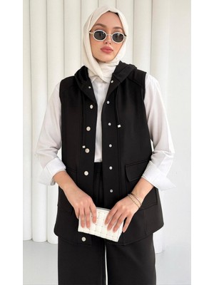 Moda Paketi Kapüşon Detaylı Düğmeli Scuba Yelek