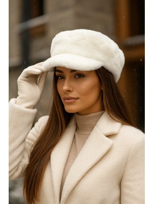 Yake Store  Ekru Kalın Tüylü Kışlık Şapka Sıcak Tutan Pofuduk Kürk Dokulu Aksesuar SPK1128 - Ekru