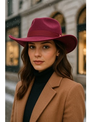 Yake Store  Kadın Siyah Kenarı Kıvrık Kovboy Kaşe Panama Şapka SPK1149 - Bordo