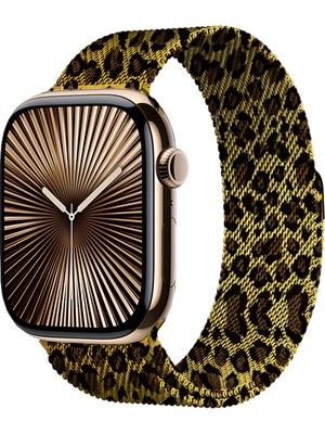 Dexmon Apple Watch 11 10 42MM 9 8 7 6 Se Uyumlu 38 40 41MM Leopar Desenli Mıknatıslı Metal Hasır Kordon