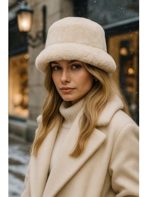 Yake Store  Ithal Bej Tüylü Bucket Şapka - Premium Trend Kış Şapkası - Canlı Bej Renkli Aksesuar SPK1102-1 - Bej