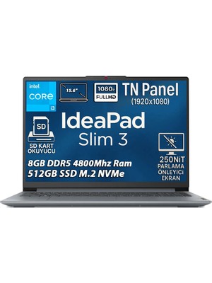 Lenovo Ideapad Slim 3 Intel Core i3 N305 8GB 512GB SSD Freedos 15.6" FHD Taşınabilir Bilgisayar 82XB00B4TX