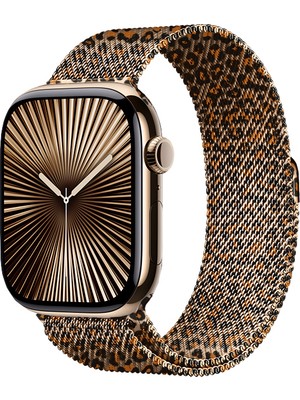 Dexmon Apple Watch 11 10 42MM 9 8 7 6 Se Uyumlu 38 40 41MM Leopar Desenli Mıknatıslı Metal Hasır Kordon