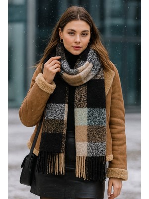 Yake Store  Yumuşak Dokulu Beyaz Püsküllü Kalın Şal - Sıcak Tutan Çok Amaçlı Aksesuar, Günlük ve Özel ! SAL1257 - Siyahhhhhh