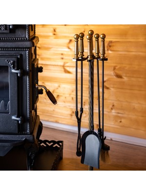 Samsun Soba Ural 5’li Lüx Soba ve Şömine Takımı - Kürek, Süpürge, Karıştırma Çubuğu ve Odun Maşası (Siyah-Antik Gold)