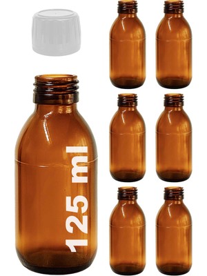 Afracam 125 ml Yuvarlak Ecza Şurup Şişesi Kilitli Beyaz Kapaklı 125 cc Amber Kahverengi Cam Şişe 6 Adet