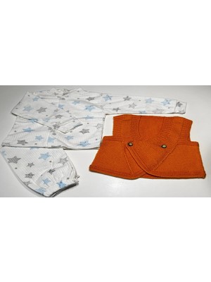 1-2 Yaş El Örgüsü Turuncu Yelek ile Pijama Setinden Oluşan Hediye Seti