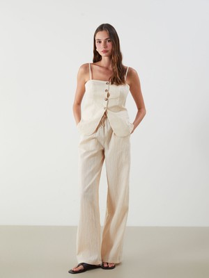 Lc Waikiki Yeni Sezon Beli Lastikli Çizgili Geniş Paça Kadın Pantolon