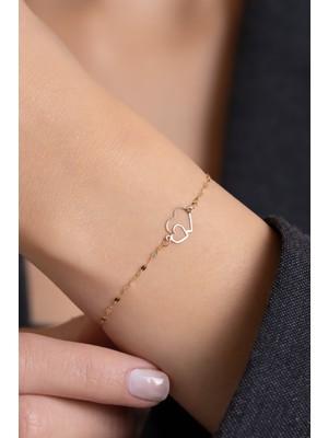 Bayar Gold 14 Ayar Altın İç İçe Kalp Aynalı Zincir Bileklik