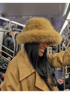 Yake Store  Peluş Ayarlanabilir Vizon Bucket Kalpak Şapka-Bere SPK1142 - Camel