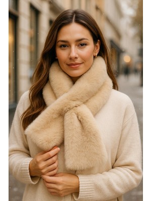 Yake Store  Ithal Sıcak Tutucu Yumuşak Pembe Peluş Atkı - Şık ve Konforlu Premium Boyunluk Aksesuarı BYN01-1 - Bej