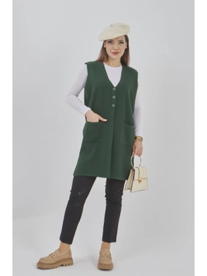 Fresh Moda Kadın Uzun Mevsimlik Triko Likralı Esnek Cepli Düğmeli Yelek